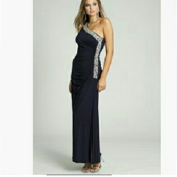 Betsy & Adam Dresses & Skirts - Betsy & Adam Rhinestone Embellished Trim One Shoulder Black Jersey Gown Sz 14